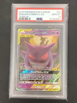2019 POKEMON SUN & MOON TEAM UP #53/181 GENGAR MIMIKYU GX TAG TEAM PSA 10 - Image 1