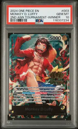 MONKEY D LUFFY ST13-003 WINNER 2ND ANNIVERSARY, PSA 10, 2024 ONE PIECE CARD GAME - Image 1