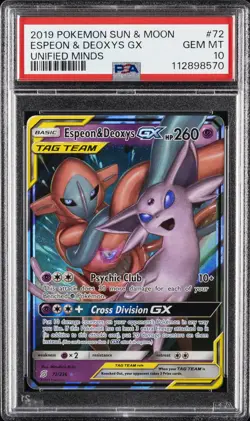 2019 POKEMON SUN & MOON UNIFIED MINDS #72 ESPEON & DEOXYS GX PSA 10 - Image 1