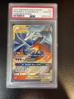 Pokemon 2019 Reshiram & Charizard GX 20/214 Unbroken Bonds Sun & Moon PSA 10 - Image 1