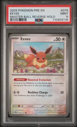 2025 POKEMON PRE EN-PRISMATIC EVOLUTIONS MASTER BALL REVERSE HOLO EEVEE PSA 9 - Image 1