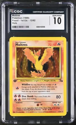 CGC 10 GEM MINT Moltres 1999 Fossil 1st Edition 12/62 Holo Pokemon Card - Image 1