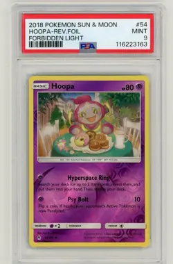 2018 Pokemon Sun & Moon Forbidden Light Hoopa Reverse Holo #54 PSA 9 Mint - Image 1