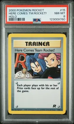 2000 POKEMON ROCKET #15 HERE COMES TEAM ROCKET!-HOLO PSA 8 - Image 1