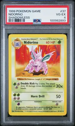 1999 POKEMON BASE SET SHADOWLESS #37 NIDORINO PSA 4 - Image 1