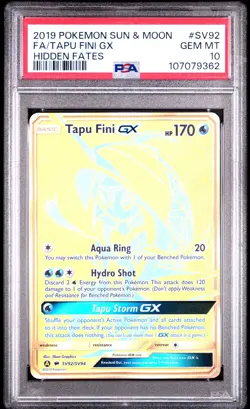 2019 POKEMON SUN & MOON HIDDEN FATES #SV92 FULL ART/TAPU FINI GX PSA 10 - Image 1