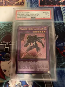 2016 Yugioh OP01-EN003 Masked HERO Dark Law Ultimate Rare PSA 9 Mint - Image 1