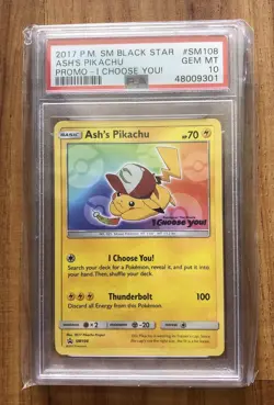 2017 Pokemon Sun Moon Black Star SM108 Ash’s Pikachu Promo Card PSA 10 - Image 1