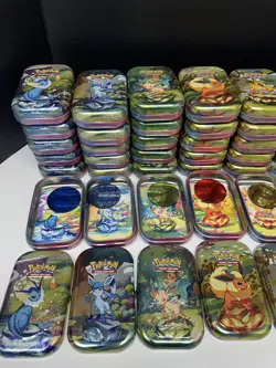 6 Full sets EMPTY Pokemon Prismatic Evolutions Mini Tins, Coins, Card, No Packs - Image 2