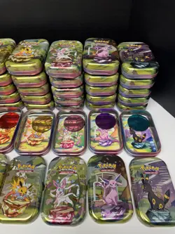6 Full sets EMPTY Pokemon Prismatic Evolutions Mini Tins, Coins, Card, No Packs - Image 3
