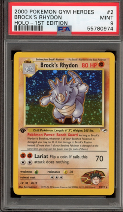PSA 9 Mint - Brock's Rhydon [1st Edition] Holo 2/132 2000 Pokemon Gym Heroes TCG - Image 1