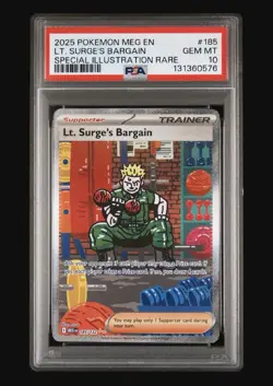 2025 POKEMON MEG SPECIAL ILLUSTRATION RARE #185 LT. SURGE'S BARGAIN PSA 10 - Image 1