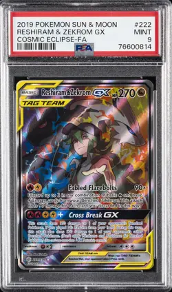 2019 POKEMON SUN & MOON COSMIC ECLIPSE #222 FULL ART/RESHIRAM & ZEKROM GX PSA 9 - Image 1