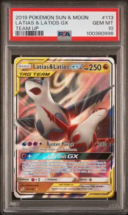 2019 POKEMON SUN & MOON TEAM UP #113 LATIAS & LATIOS GX PSA 10 - Image 1