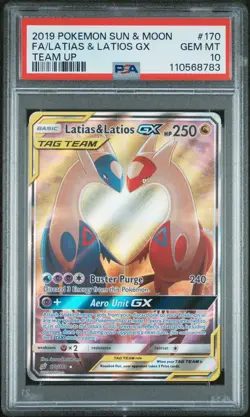 2019 POKEMON SUN & MOON TEAM UP #170 FULL ART/LATIAS & LATIOS GX PSA 10 - Image 1