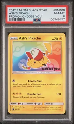 2017 POKEMON SM BLACK STAR PROMO I CHOOSE YOU! #SM108 ASH'S PIKACHU PSA 8 - Image 1
