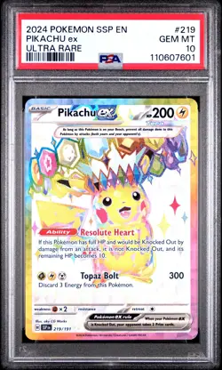 2024 POKEMON SSP EN-SURGING SPARKS ULTRA RARE #219 PIKACHU EX PSA 10 - Image 1