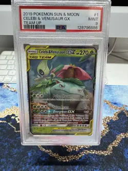 2019 Pokemon Team Up Celebi & Venusaur GX Ultra Holo Foil Rare 1/181, PSA 9 - Image 1