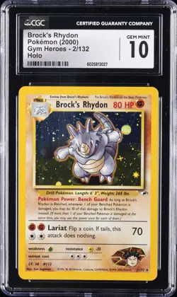 2000 POKEMON GYM HEROES, HOLO #2/132 BROCK'S RHYDON CGC 10 GEM MINT - Image 1
