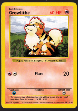 Growlithe Shadowless 28/102 Base Set Pokemon TCG Card 1999 MP - Image 1