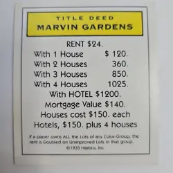 Marvin Gardens Replacement Title Deed Card Only Yellow Regular Basic Monopoly - Image 1