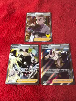 3 Card Full Art Trainer Pokemon Card Lot -professor Oak, Gordie, Sidney Nm - Image 1