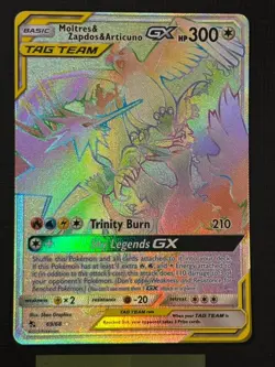 2019 POKEMON HIDDEN FATES MOLTRES & ZAPDOS & ARTICUNO TAG TEAM GX 69/68 RAINBOW - Image 1
