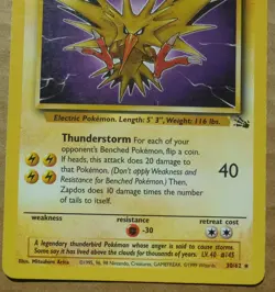Zapdos 30/62 Rare Non-Holo Fossil Set Pokemon Card LP - Image 3