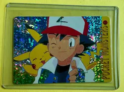 PIKACHU & ASH WINK Pokemon Pocket Monsters Japan Vending Prism Sticker NM Holo - Image 1