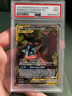 Pokemon Greninja & Zoroark GX 201/214 Full Art Unbroken Bonds PSA 9 - Image 1