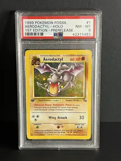 🍒 1999 Aerodactyl 1st Edition Prerelease PSA 8 Holo Fossil Pokemon Card + BONUS - Image 1