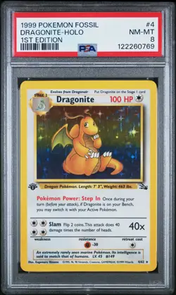 1999 POKEMON FOSSIL 1ST ED #4 DRAGONITE-HOLO PSA 8 - Image 1