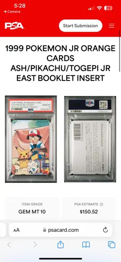 1999 POKEMON JR ORANGE CARDS ASH/PIKACHU/TOGEPI Jr East Booklet Insert PSA 10! - Image 1
