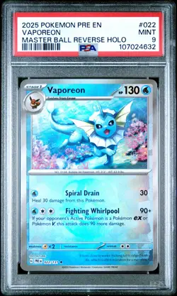 2025 POKEMON PRE EN-PRISMATIC EVOLUTIONS MASTER BALL REVERSE HOLO VAPOREON PSA 9 - Image 1
