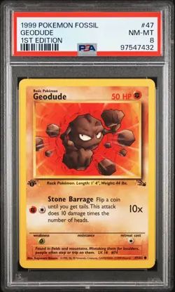 1999 POKEMON FOSSIL 1ST ED #47 GEODUDE PSA 8 - Image 1