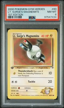 2000 POKEMON GYM HEROES 1ST ED #80 LT. SURGE'S MAGNEMITE PSA 8 - Image 1