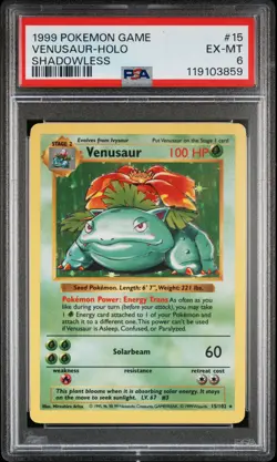 1999 POKEMON BASE SET SHADOWLESS #15 VENUSAUR-HOLO PSA 6 - Image 1