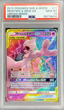 2019 POKEMON SUN & MOON UNIFIED MINDS #71 MEWTWO & MEW GX PSA 10 - Image 1