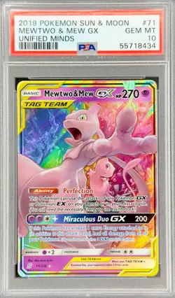 2019 POKEMON SUN & MOON UNIFIED MINDS #71 MEWTWO & MEW GX PSA 10 - Image 2
