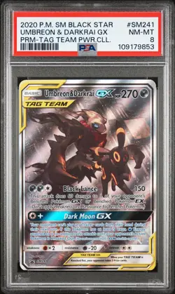 2020 POKEMON SM BLACK STAR PROMO TAG TEAM POWERS COLL UMBREON & DARKRAI GX PSA 8 - Image 1
