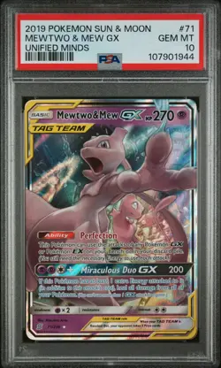 2019 POKEMON SUN & MOON UNIFIED MINDS #71 MEWTWO & MEW GX PSA 10 - Image 1