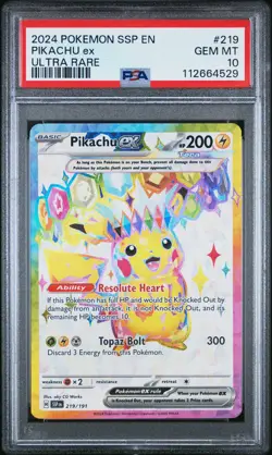 2024 POKEMON SSP EN-SURGING SPARKS ULTRA RARE #219 PIKACHU EX PSA 10 - Image 1