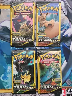 Pokemon Sun and Moon Team Up 3 Card Mini Booster Packs Complete Art Set Lot of 4 - Image 1