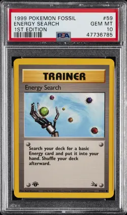 1999 POKEMON FOSSIL 1ST ED #59 ENERGY SEARCH PSA 10 - Image 1