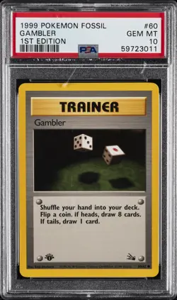 1999 POKEMON FOSSIL 1ST ED #60 GAMBLER PSA 10 - Image 1