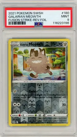 2021 Pokemon Fusion Strike Galarian Meowth Reverse Holo #180 PSA 9 Mint - Image 1