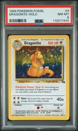 1999 POKEMON FOSSIL #4 DRAGONITE-HOLO PSA 8 - Image 1