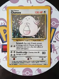 Pokemon Chansey 3/102 Base Set Unlimited Holo WOTC Vintage TCG Card 003/102 Rare - Image 1