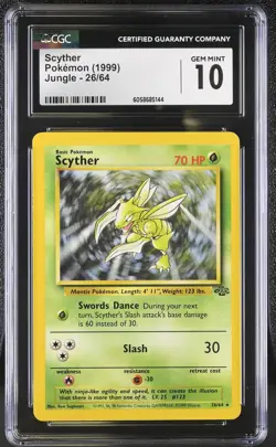 CGC 10 GEM MINT Scyther 1999 Jungle 26/64 Pokemon Card - Image 1