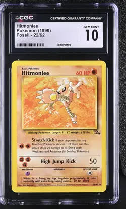 CGC 10 GEM MINT Hitmonlee 1999 22/62 Non Holo Rare Pokemon Card - Image 1